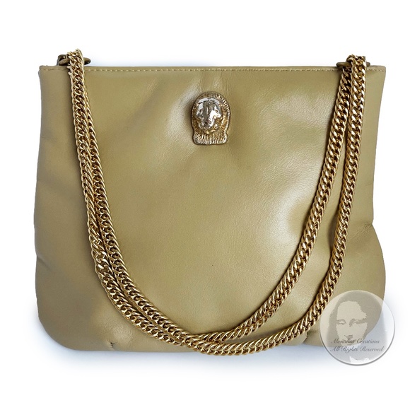 Vintage Ruth Saltz Shoulder Bag Retro 80s Beige Leather Cougar Head Chain Straps - Picture 1 of 9